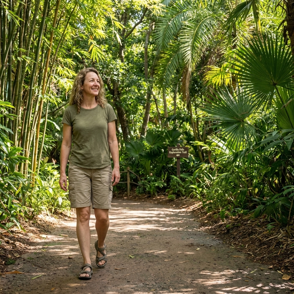 A shaded walkway on Gorilla Falls Exploration Trail at Disney’s Animal Kingdom with lush greenery and a quiet, uncrowded feel