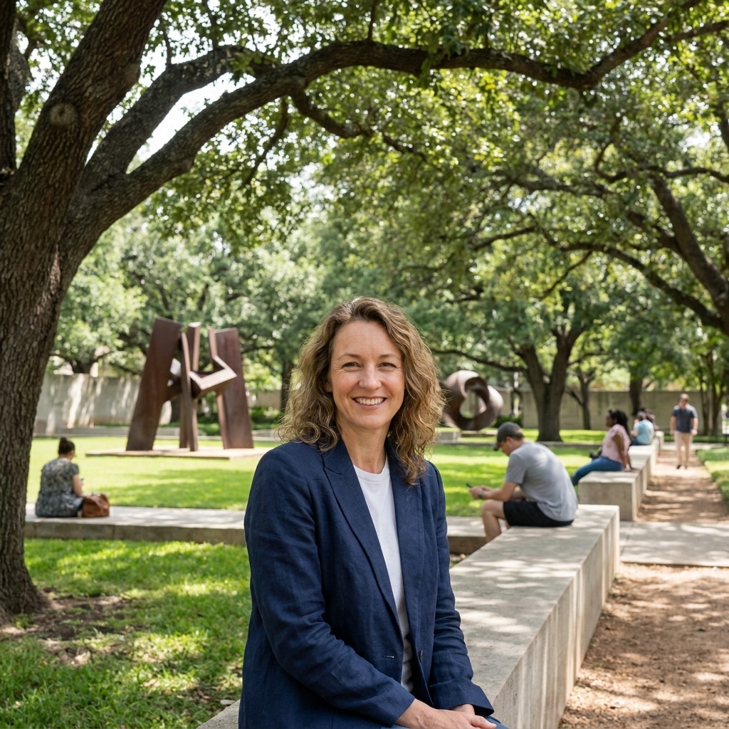 A shady view of the Cullen Sculpture Garden in Houston with modern sculptures on green lawns and people sitting on low walls beneath mature trees