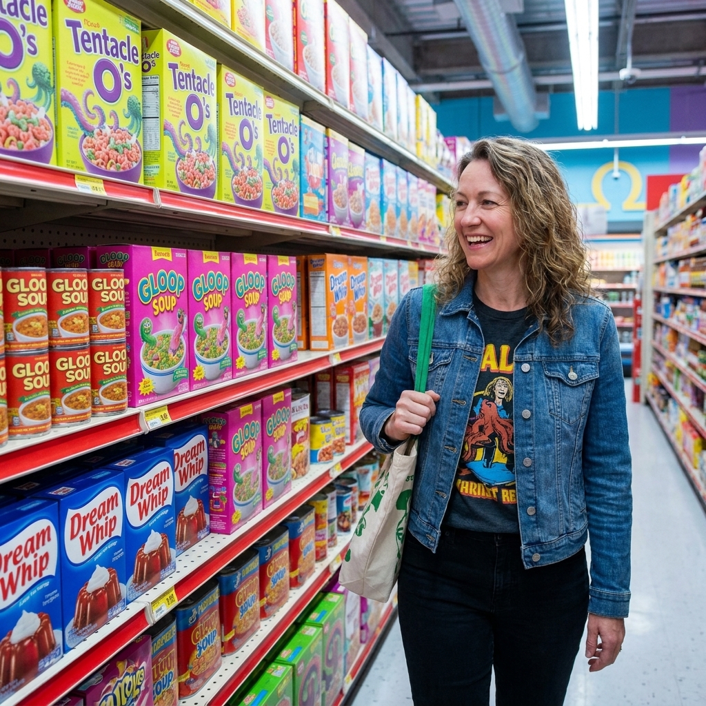 A shopper walking down brightly lit Omega Mart aisles filled with surreal product packaging and saturated colors