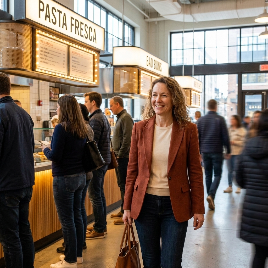 A shopper walking through a large upscale food hall with vendor menu boards glowing above counters and people forming lines