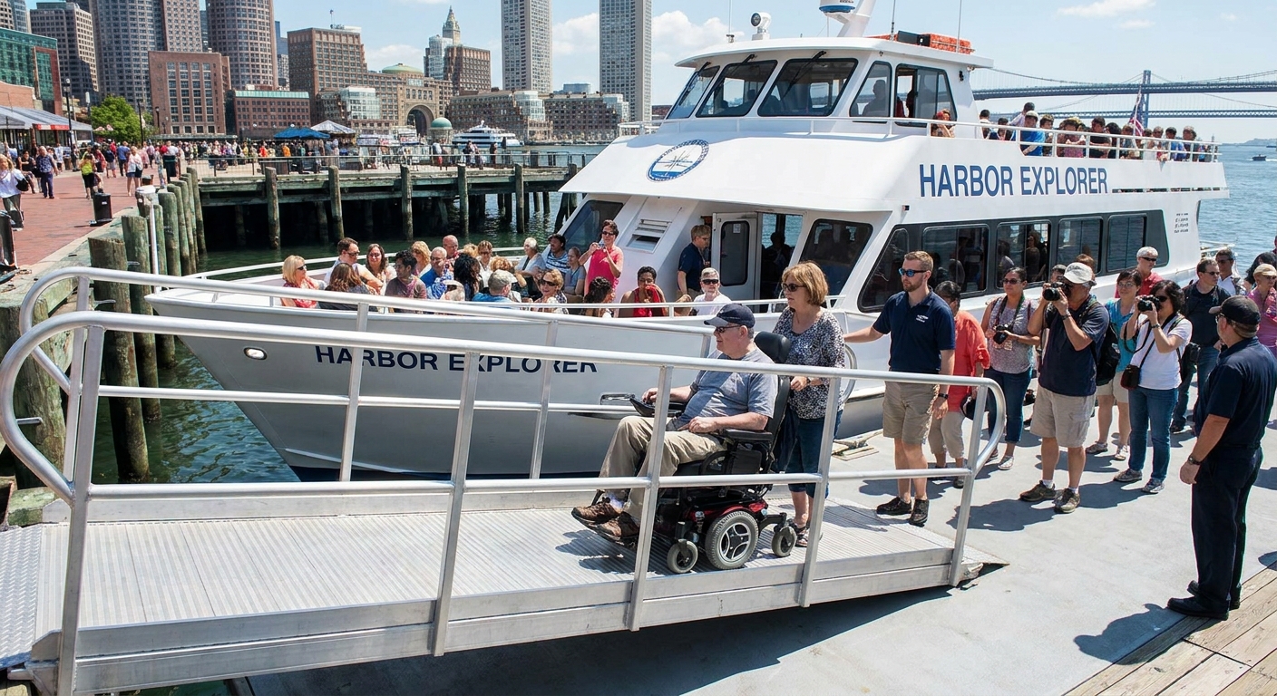 A sightseeing boat docked at a pier with a wide boarding ramp and passengers lining up, including a wheelchair user near the accessible entrance