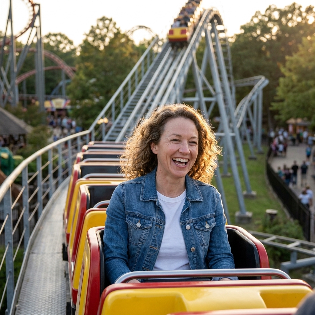 A single-rail roller coaster train running along a narrow track as it crests an element inside a large theme park