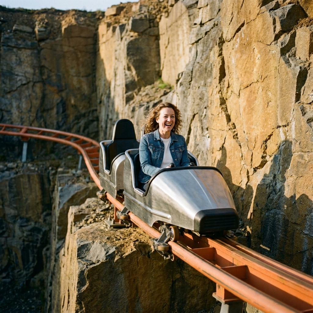 A single-rail roller coaster train weaving along a narrow track with rocky quarry walls behind it