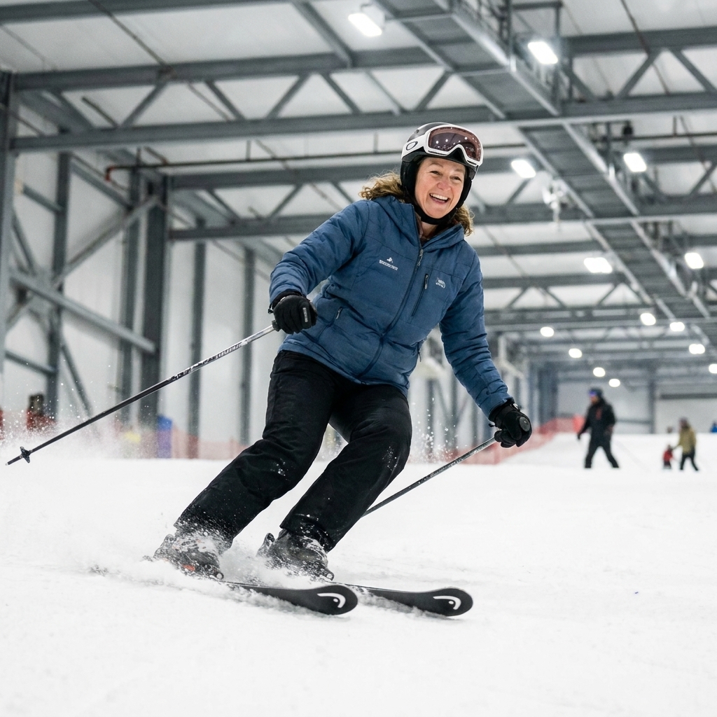A skier carving down an indoor snow slope at Big SNOW with bright overhead lights and artificial snow spraying from the skis