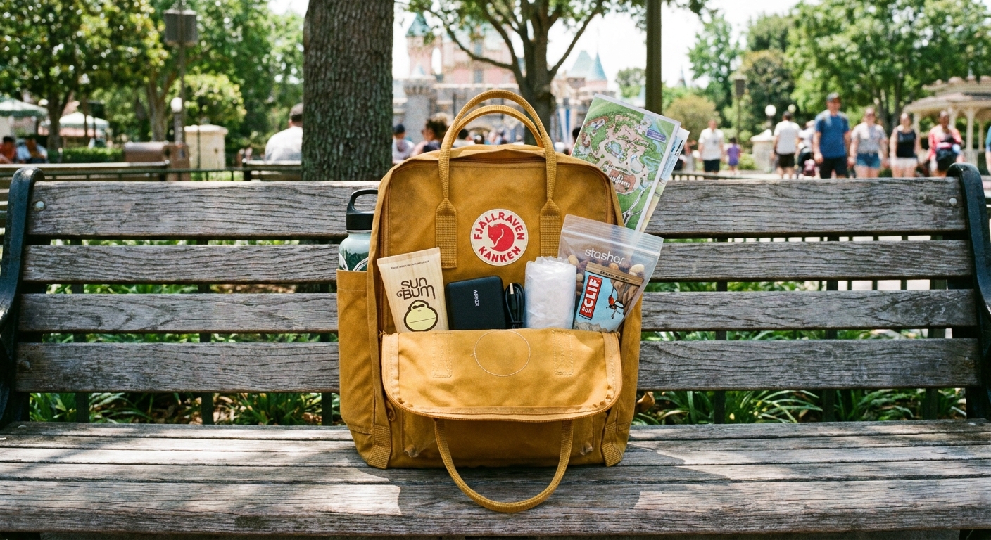 A small backpack open on a bench showing neatly packed theme park essentials like sunscreen, portable charger, poncho, and snacks