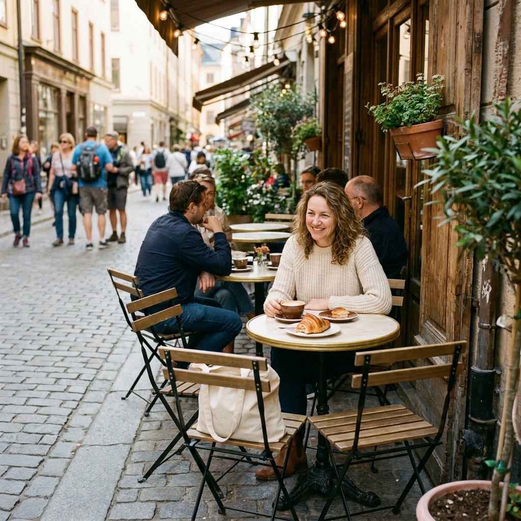 A small cafe on a quiet side street near a busy tourist area, with a few outdoor tables and people eating