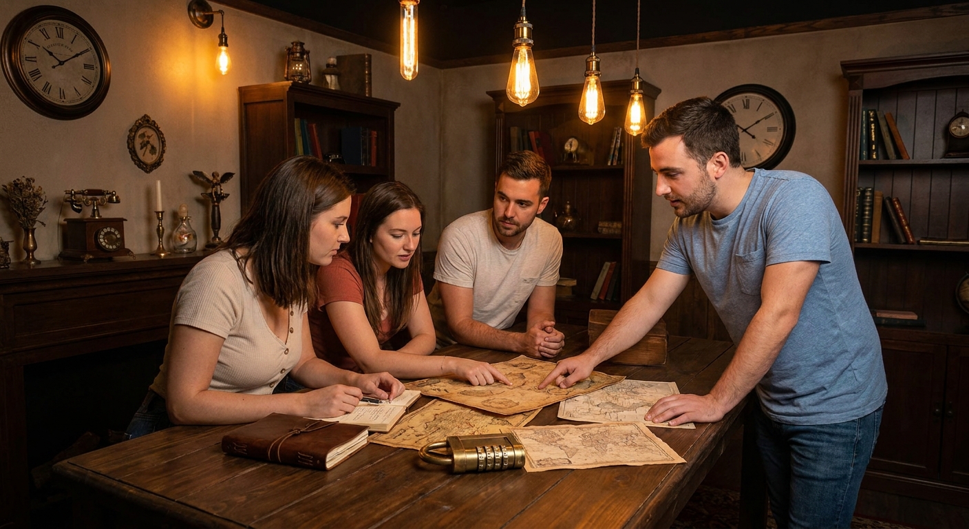 A small group of friends gathered around a wooden table in an escape room, studying clues and a combination lock under warm overhead lights