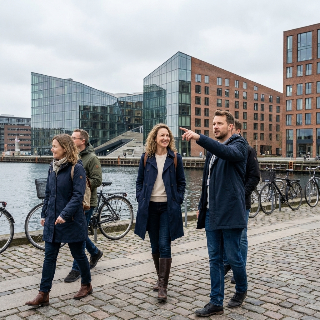 A small group of travelers walking with a guide along a waterfront promenade in Copenhagen, with modern angular buildings and bicycles nearby on an overcast day