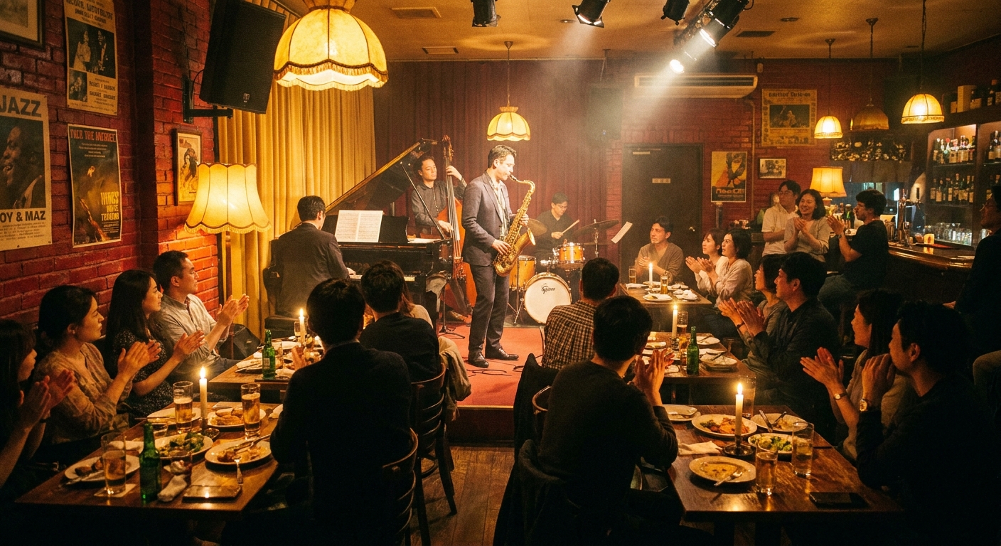 A small live jazz club with musicians on a warmly lit stage and audience seated at tables
