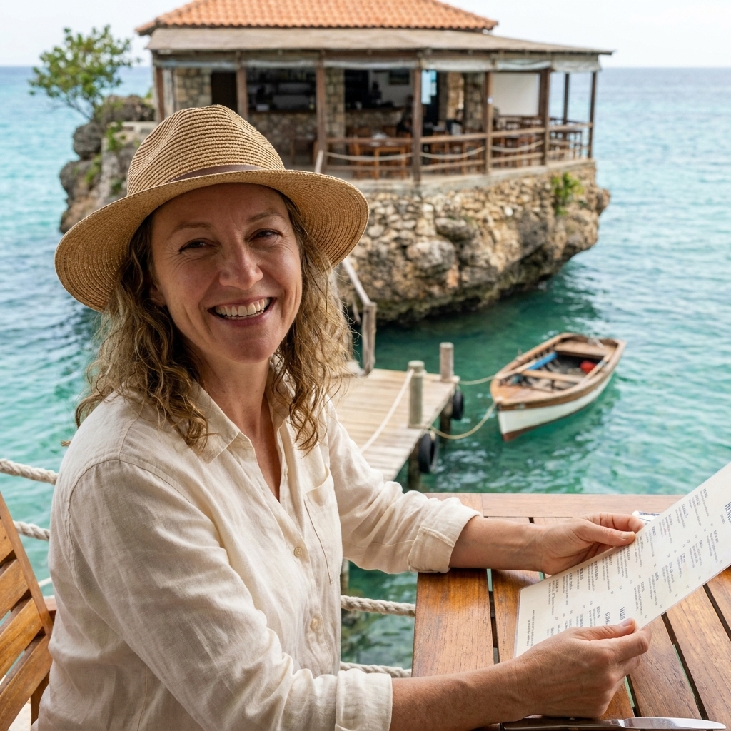 A small restaurant perched on a rock surrounded by turquoise ocean water, with a boat nearby