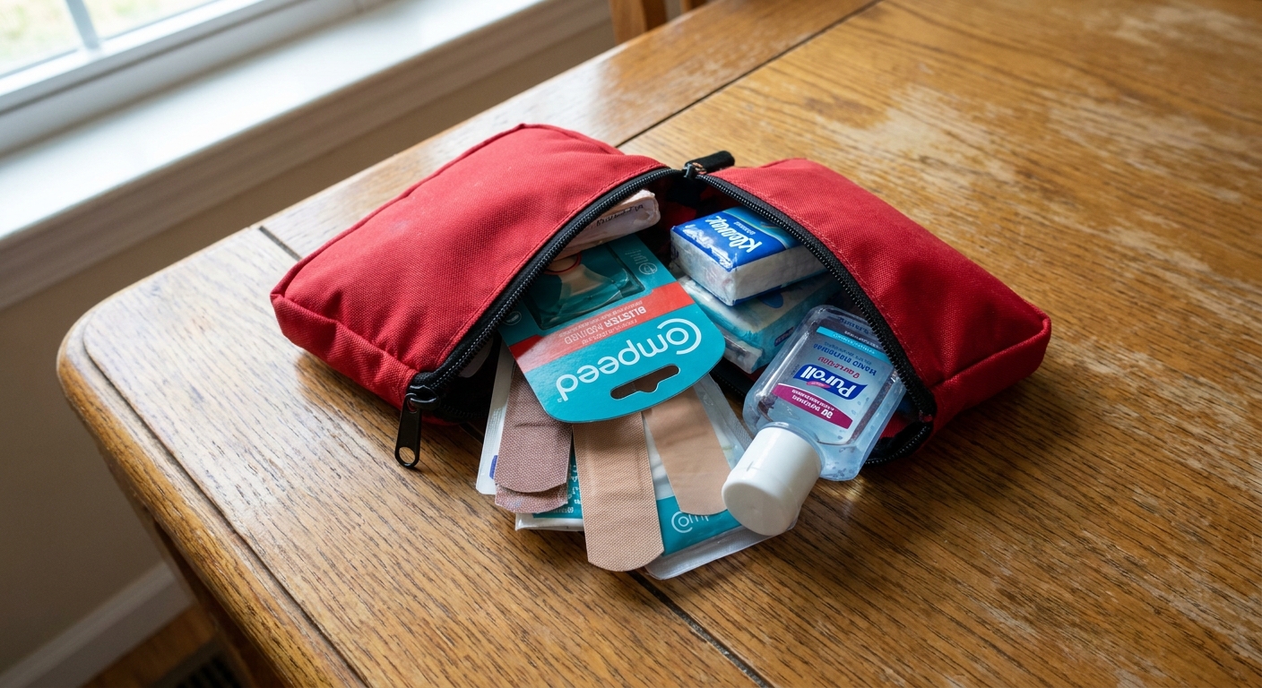 A small zippered first aiond pouch open on a table showing bandages, blister pads, tissues, and hand sanitizer