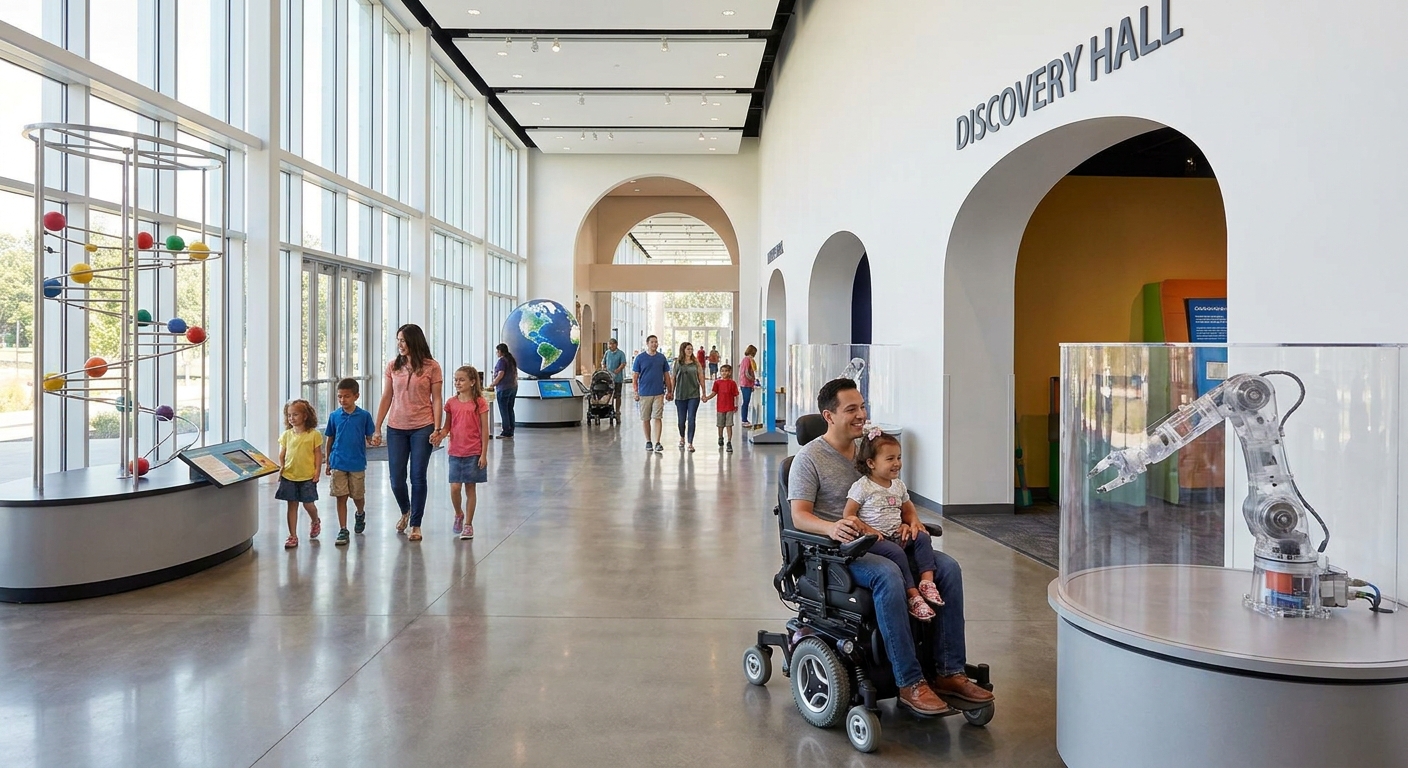 A spacious science museum lobby with smooth flooring, wide pathways, and visitors exploring exhibits including a person using a wheelchair