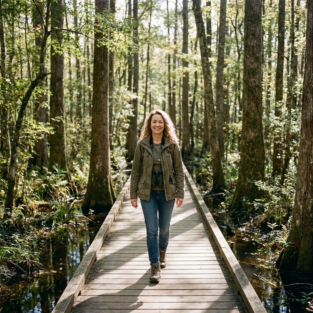 A straight wooden boardwalk running through a lush floodplain forest in Congaree National Park with tall trees and dappled sunlight