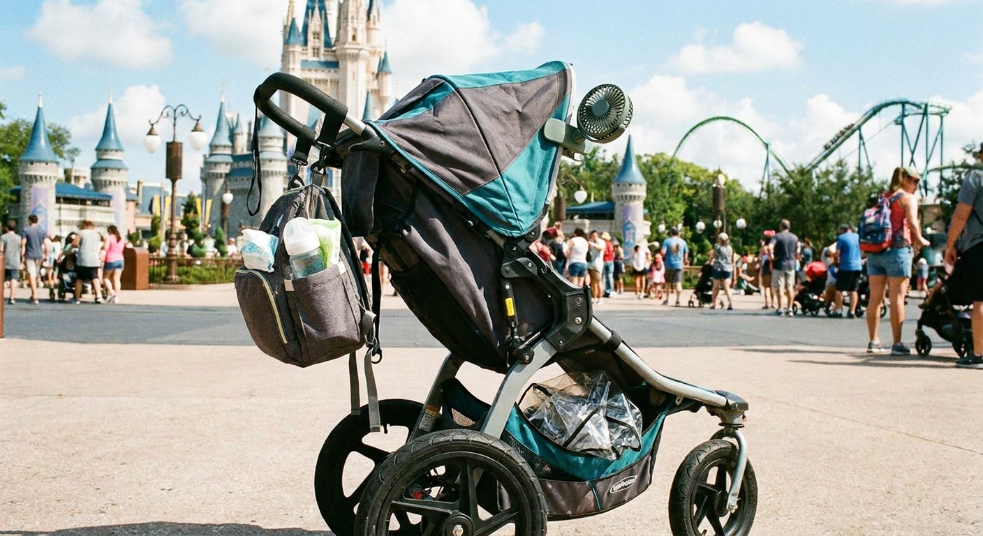 A stroller parked in a theme park with a small bag of essentials attached, including a clip-on fan and a rain cover folded in the basket