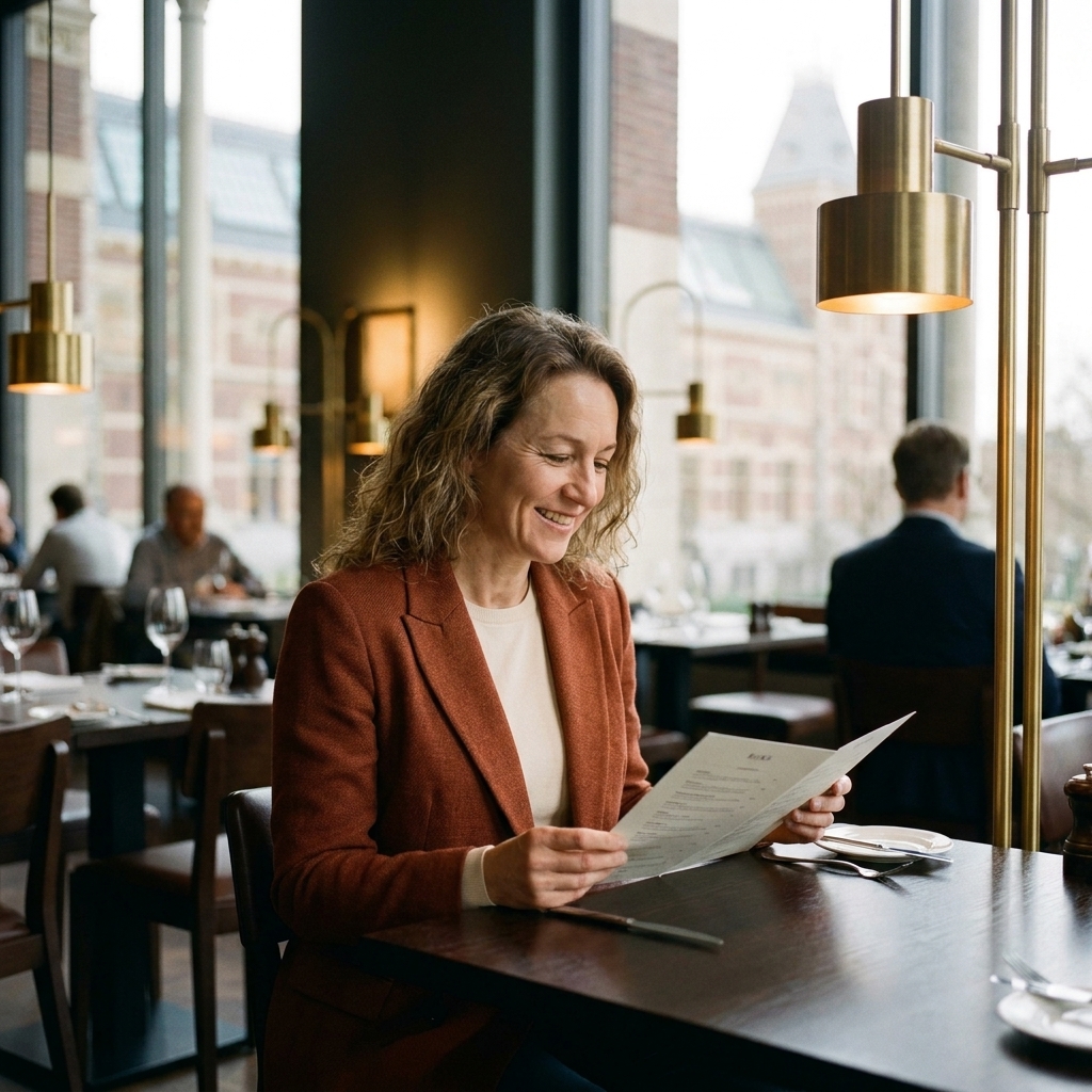 A stylish dining room at RIJKS in Amsterdam with neatly set tables, warm modern lighting, and a calm upscale atmosphere