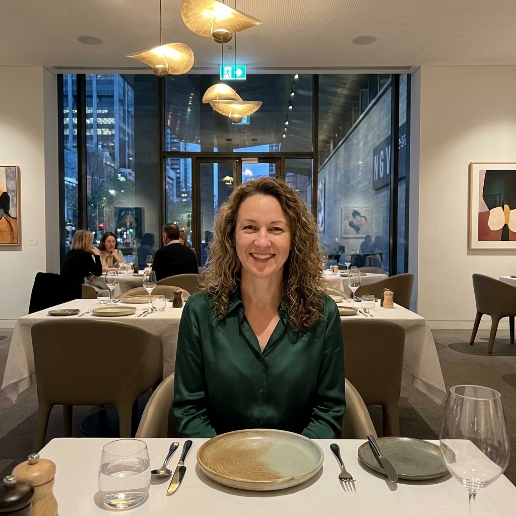 A stylish dining room at the National Gallery of Victoria in Melbourne with contemporary decor, soft lighting, and neatly arranged table settings