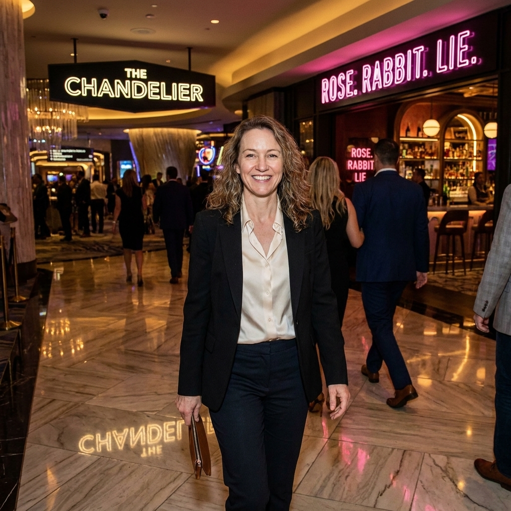 A stylish interior walkway inside The Cosmopolitan of Las Vegas with glowing signage, polished floors, and guests heading toward bars and restaurants