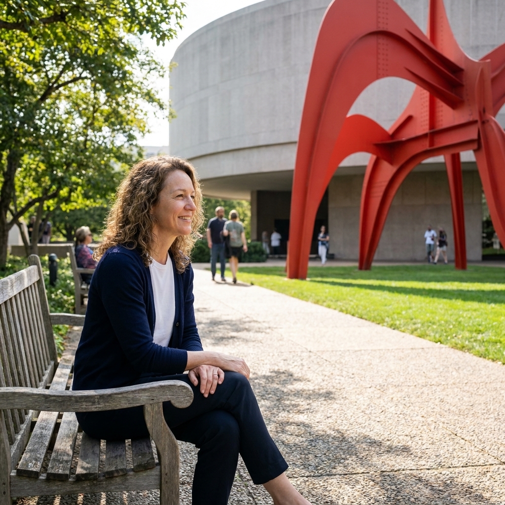 A sunlit view of the Hirshhorn Museum Sculpture Garden in Washington, DC with modern sculptures placed around paved walkways and visitors resting on benches