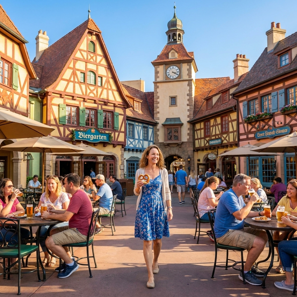 A sunny view of EPCOT’s Germany pavilion courtyard with colorful European-style building facades and guests strolling near outdoor seating