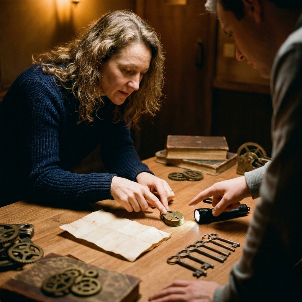 A tabletop inside an escape room with neatly arranged keys, a small flashlight, a folded note, and a padlock while players point and discuss