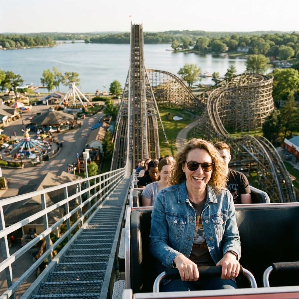 A tall roller coaster lift hill rising above a lakeside amusement park with a train climbing toward the top