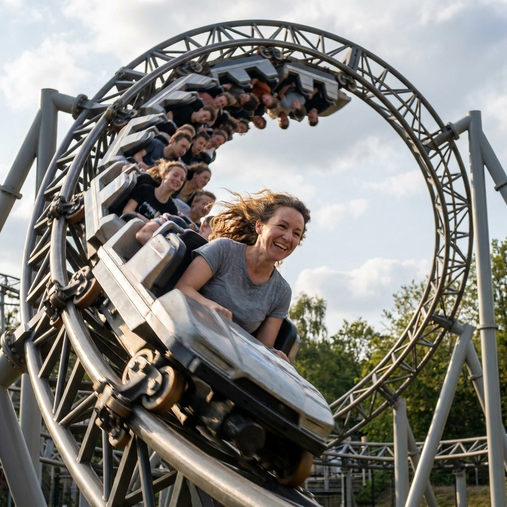 A tall steel roller coaster sweeping through a large banked turn with a full train racing past