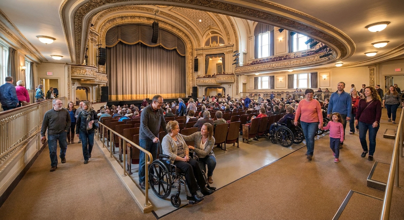 A theater interior with an accessible seating area at the aisle, wide pathways, and audience members arriving before a performance