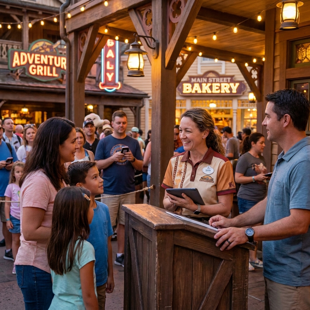 A theme park entertainment district restaurant host stand with guests waiting and a staff member speaking to a family in the evening