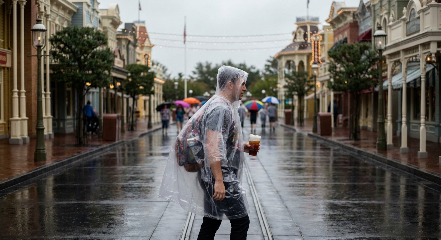 A theme park guest wearing a clear poncho walking through a rainy main street area with wet pavement and umbrellas in the distance