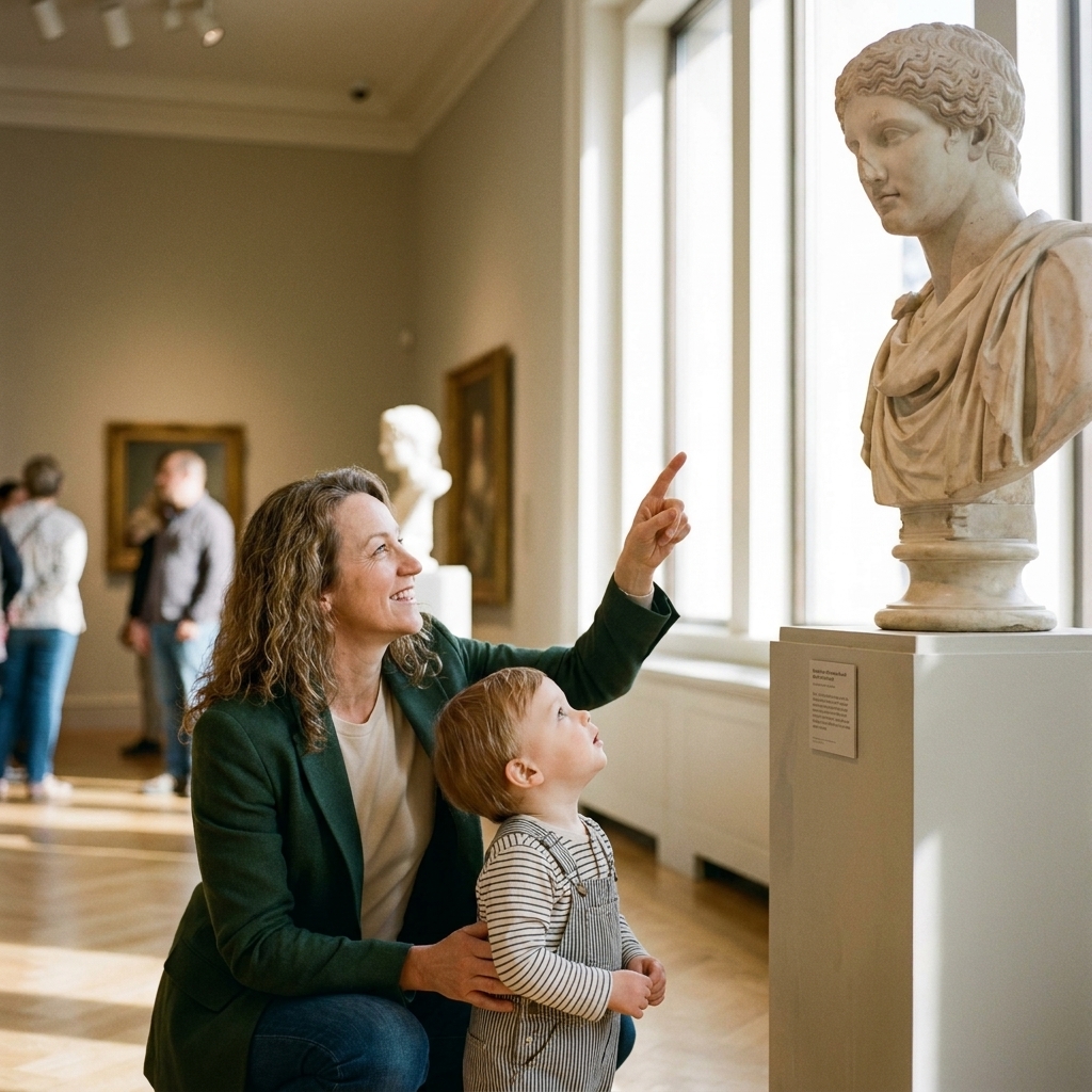 A toddler standing a safe distance from a marble sculpture while a parent crouches beside them pointing up gently