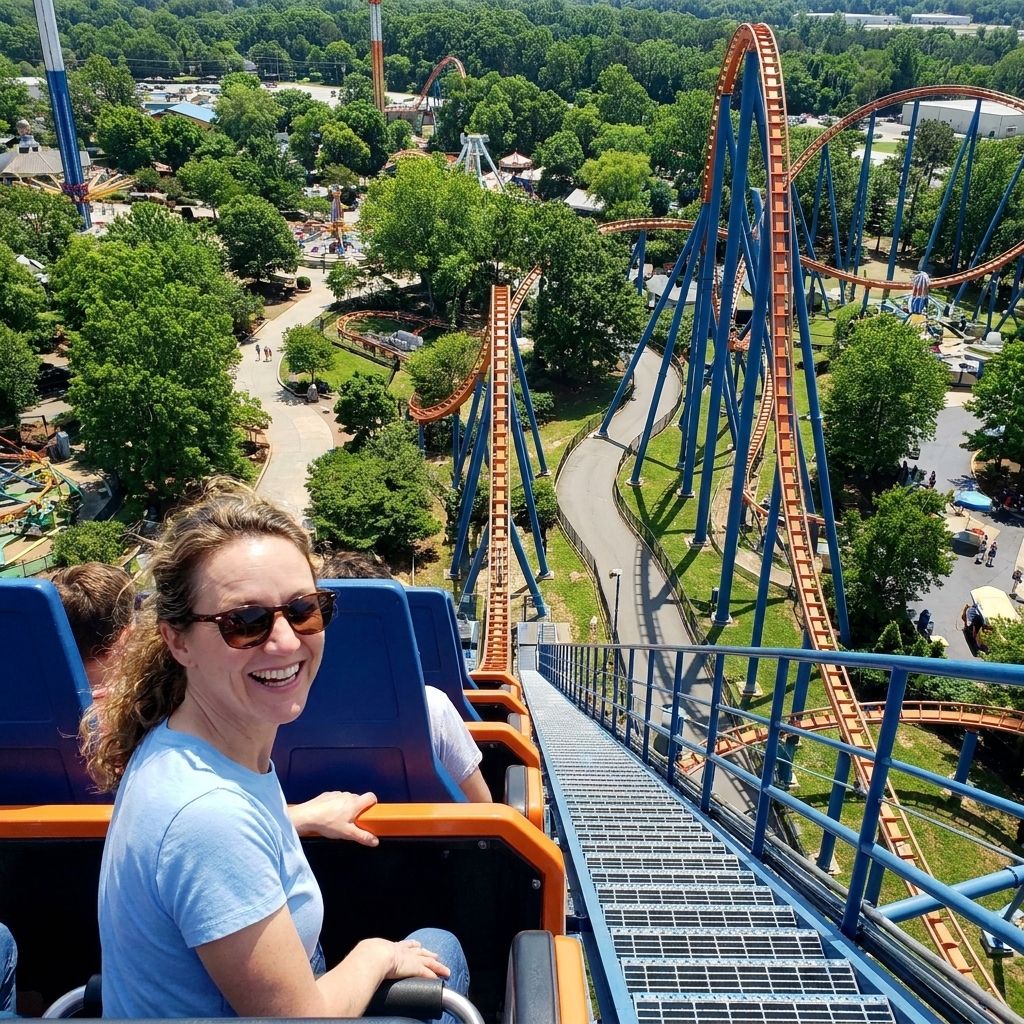 A towering blue and orange roller coaster cresting a high hill over a sprawling amusement park with trees and pathways below