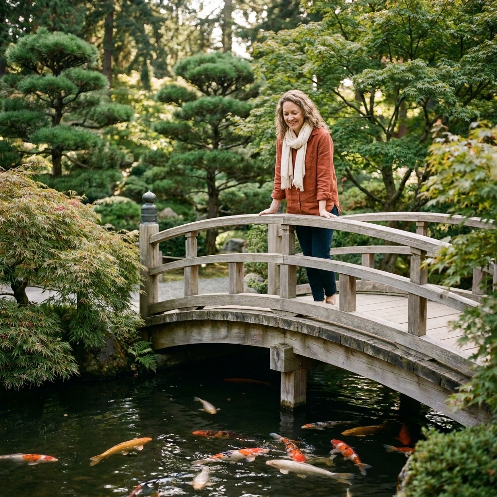 A tranquil Japanese garden with a curved bridge over a pond, koi fish visible near the surface, and manicured trees framing the walkway