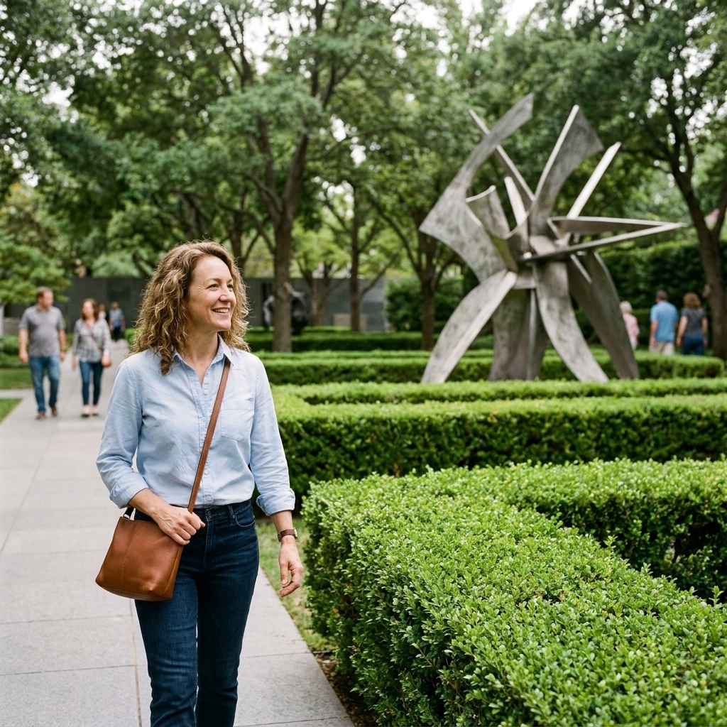 A tranquil garden at the Nasher Sculpture Center in Dallas with modern sculptures arranged among trimmed hedges and visitors walking on paved paths