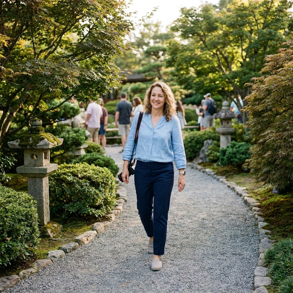 A tranquil garden path in EPCOT’s Japan pavilion with manicured greenery, stone lanterns, and guests walking quietly
