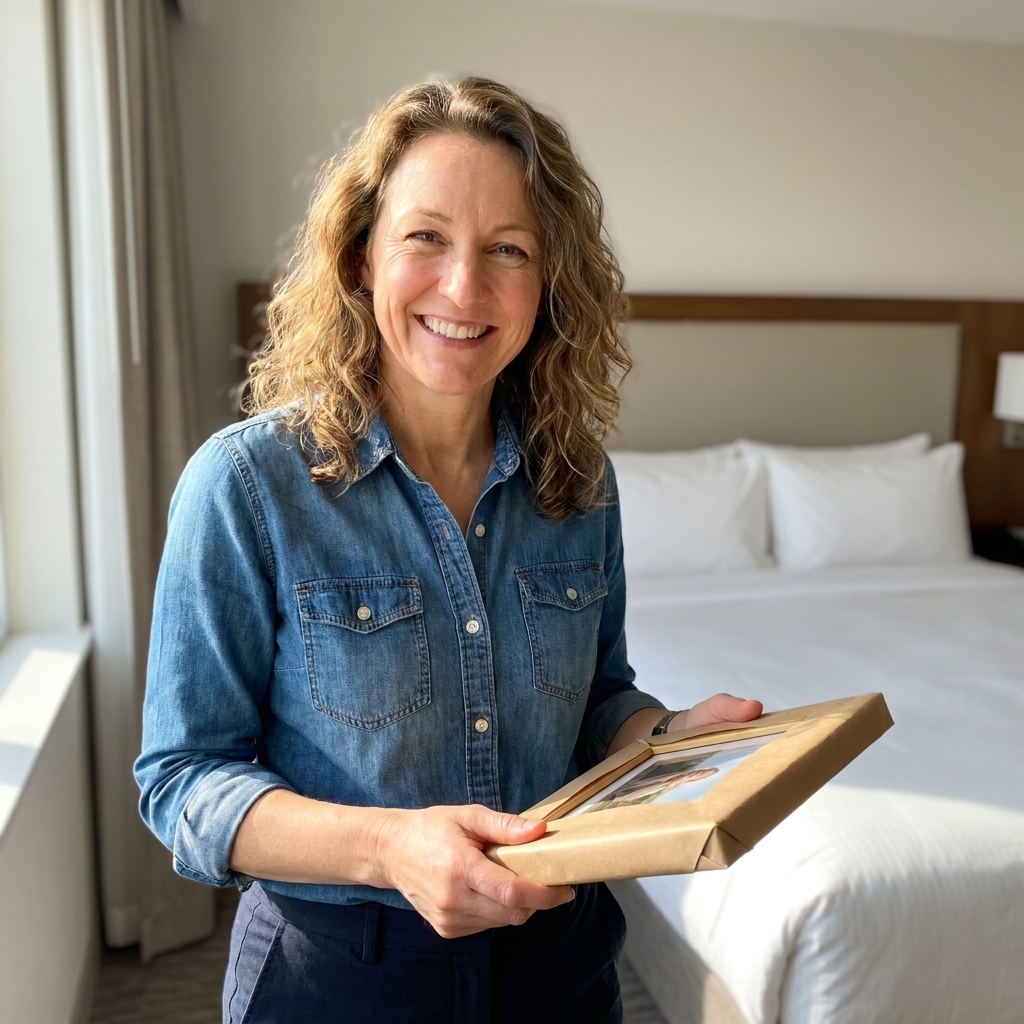 A traveler holding a small framed print wrapped in protective paper while standing in a bright hotel room near a bed