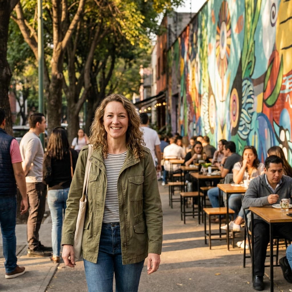 A tree-lined street in Mexico City’s Roma Norte with colorful mural-covered walls, café seating on the sidewalk, and people strolling in late afternoon