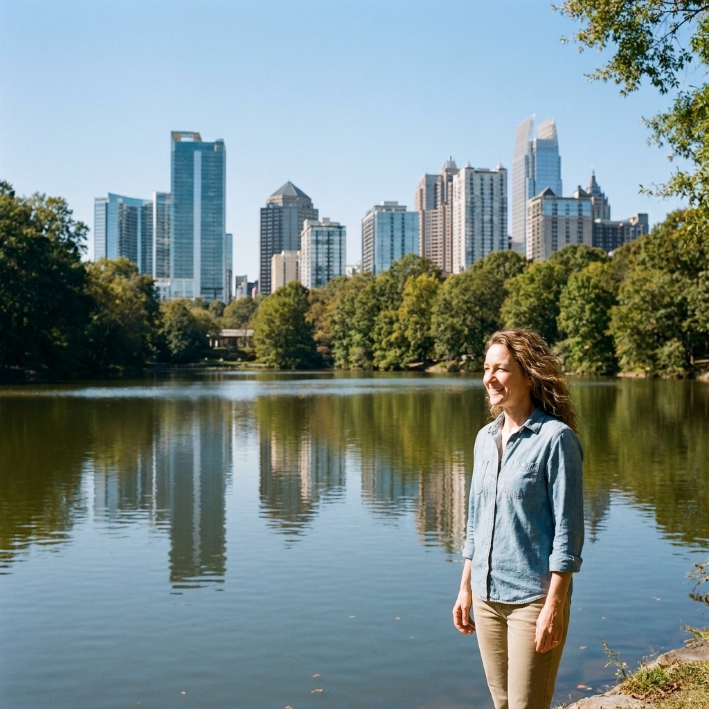 A view across Lake Clara Meer in Piedmont Park with the Atlanta skyline rising behind trees on a clear day