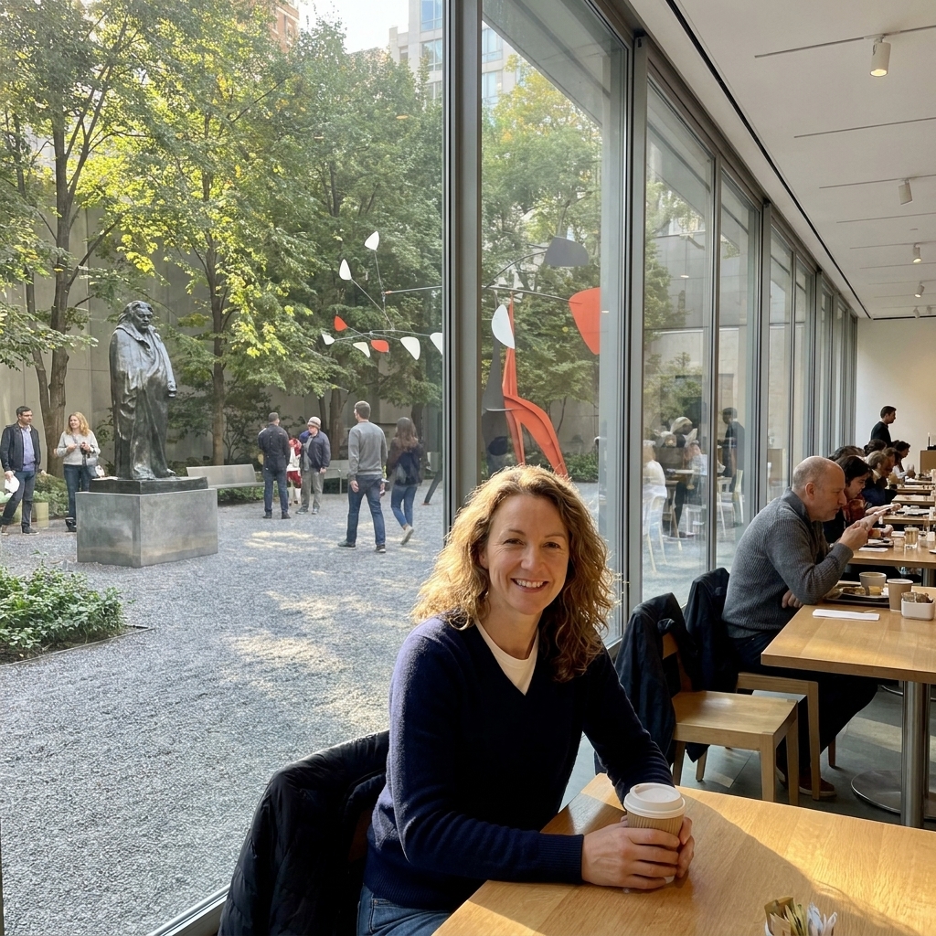 A view into the Abby Aldrich Rockefeller Sculpture Garden at MoMA with modern sculptures and visitors walking among trees, seen through large windows from a nearby dining space