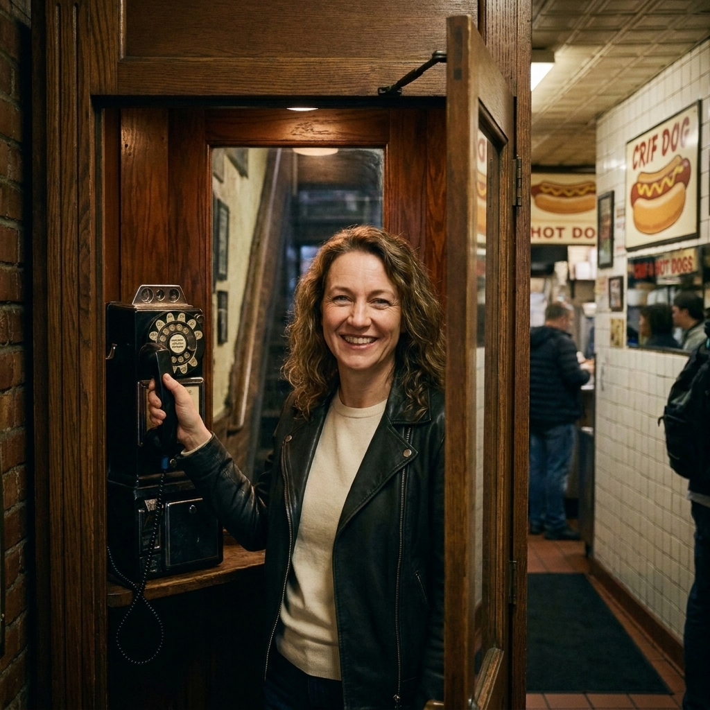 A vintage-style phone booth inside Crif Dogs in New York City that serves as the hidden entry to the PDT speakeasy