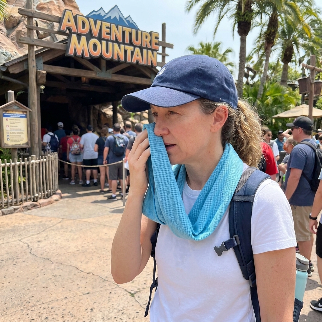 A visitor in a baseball cap using a cooling towel around their neck near a theme park attraction entrance