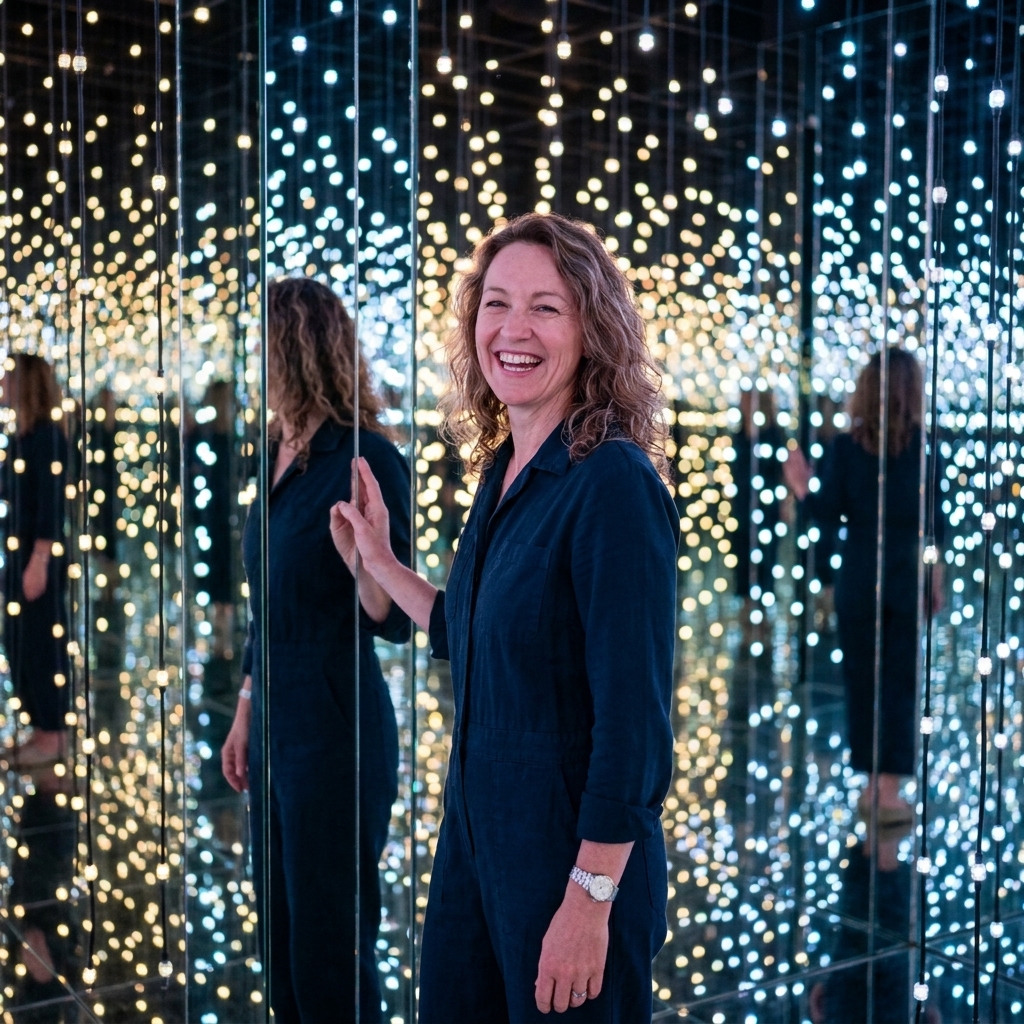 A visitor posing inside a mirror-filled installation with repeating lights stretching into the distance at Superblue in Miami