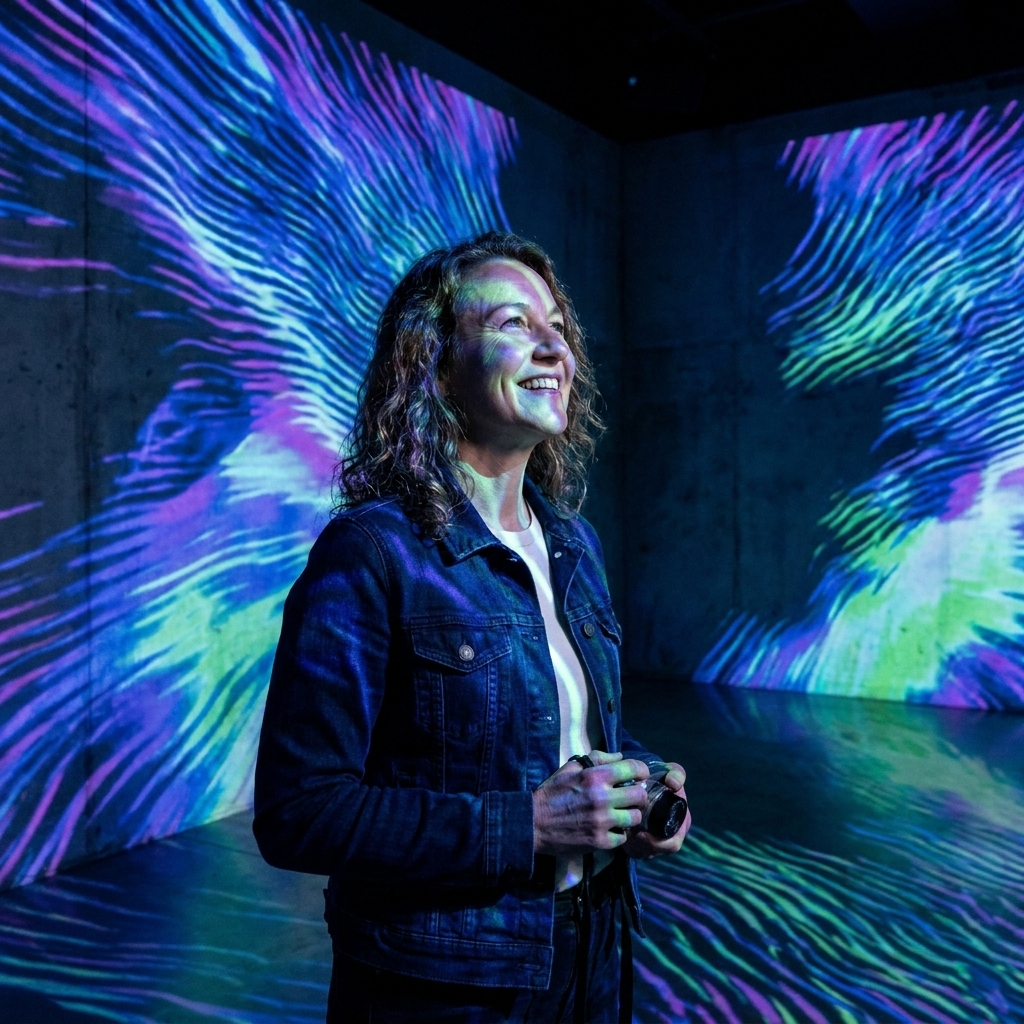 A visitor standing in a dark gallery as bright digital light patterns ripple across the walls at an ARTECHOUSE exhibit