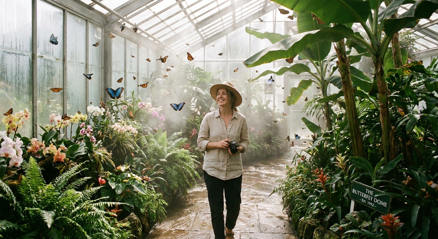 A visitor standing on a pathway inside a humid butterfly conservatory surrounded by tropical plants