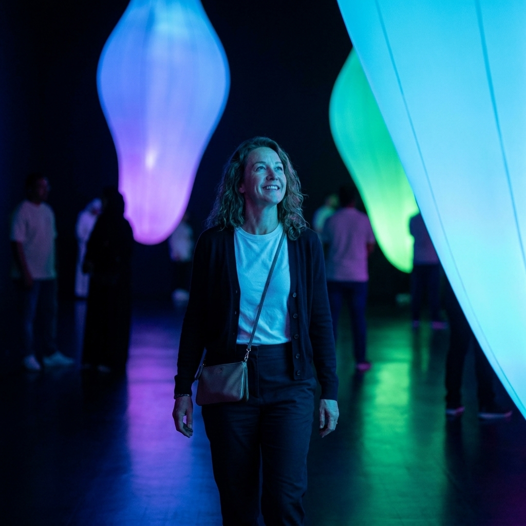 A visitor walking through a large dark gallery space filled with glowing, atmospheric light installations at teamLab Phenomena in Abu Dhabi