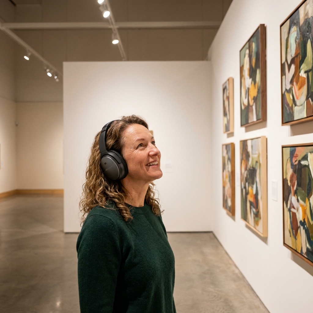 A visitor wearing noise-cancelling headphones while viewing an art gallery wall, with soft lighting and plenty of open space around them