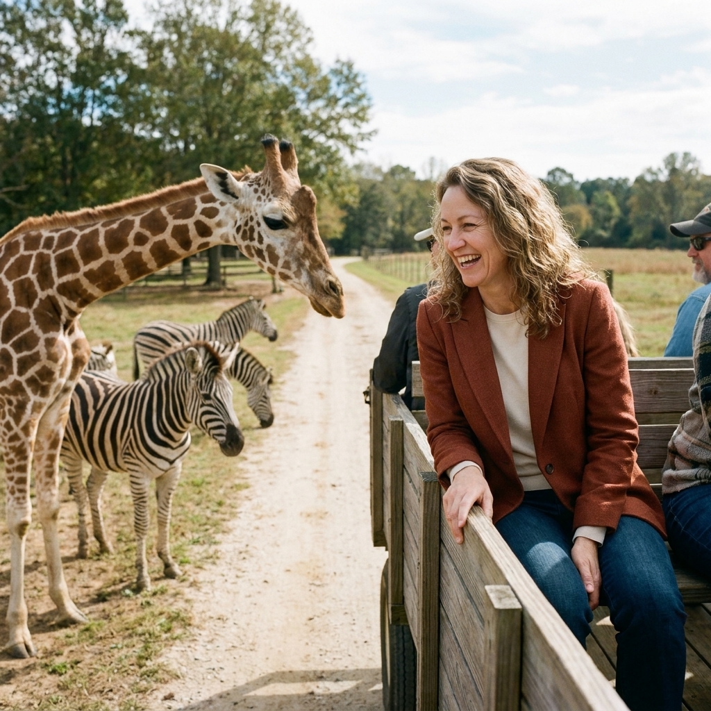 A wagon ride moving along a dirt lane while giraffes and zebras gather near the path at Lazy 5 Ranch in North Carolina