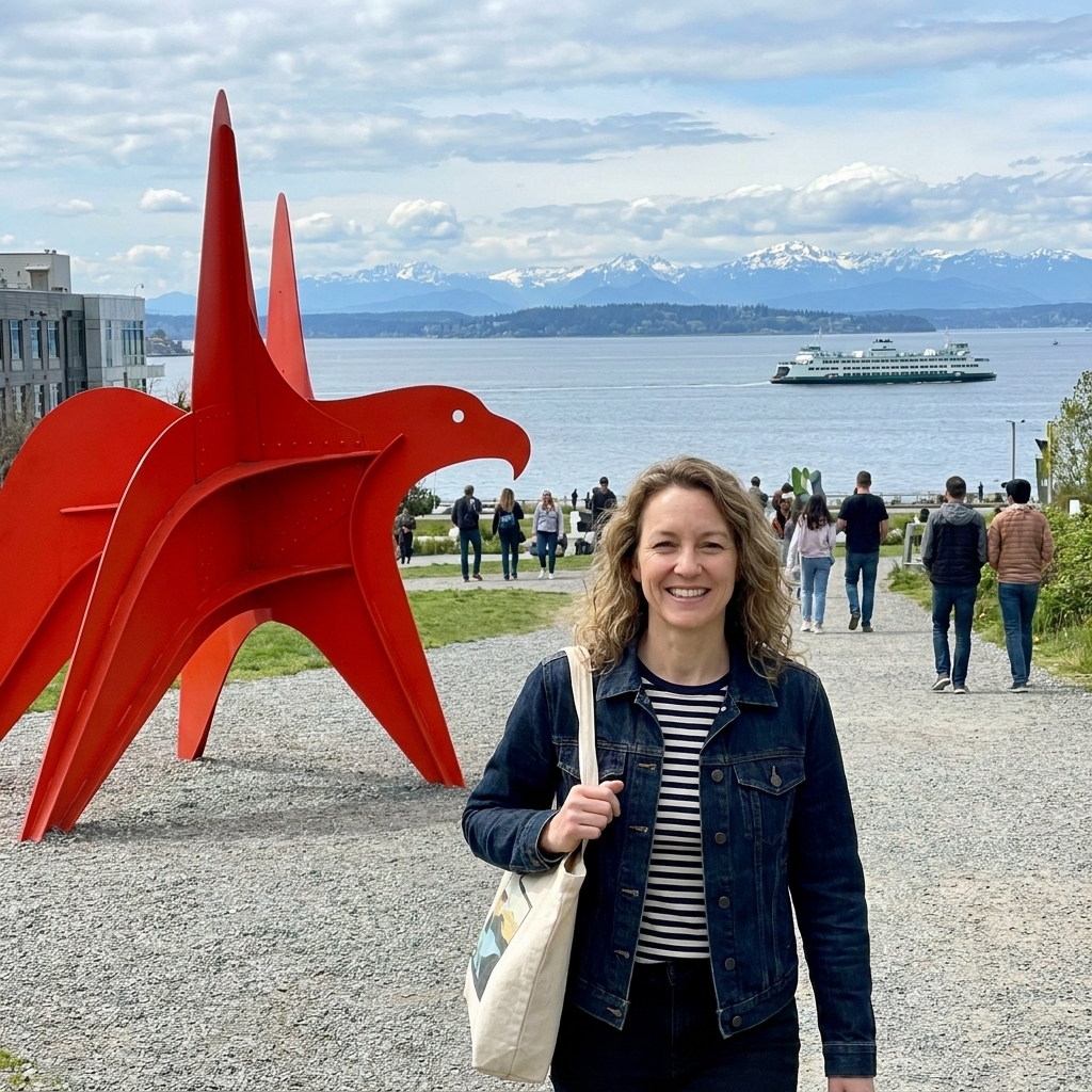 A waterfront path at Seattle's Olympic Sculpture Park with a large bright-colored sculpture in the foreground and Puget Sound with distant mountains in the background