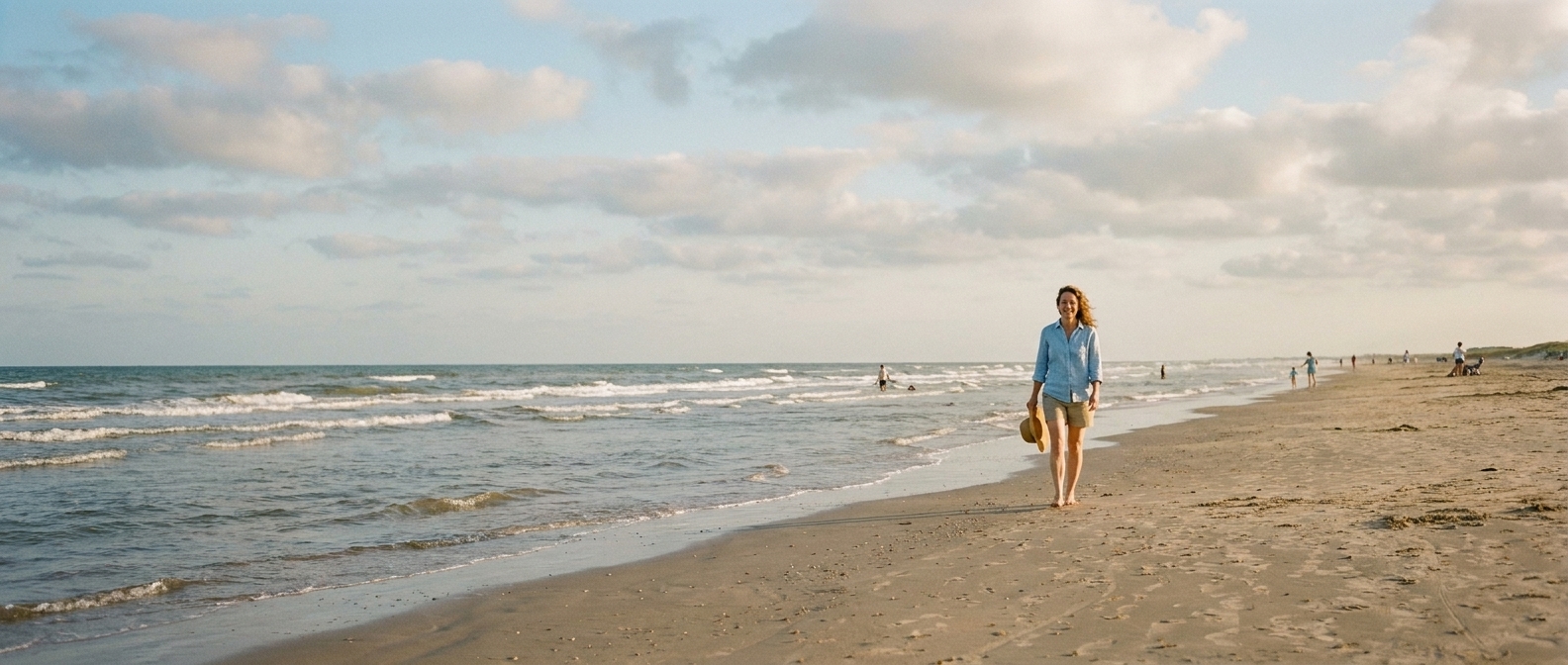 A wide South Texas shoreline with gentle surf, open sky, and sparse beachgoers spaced far apart