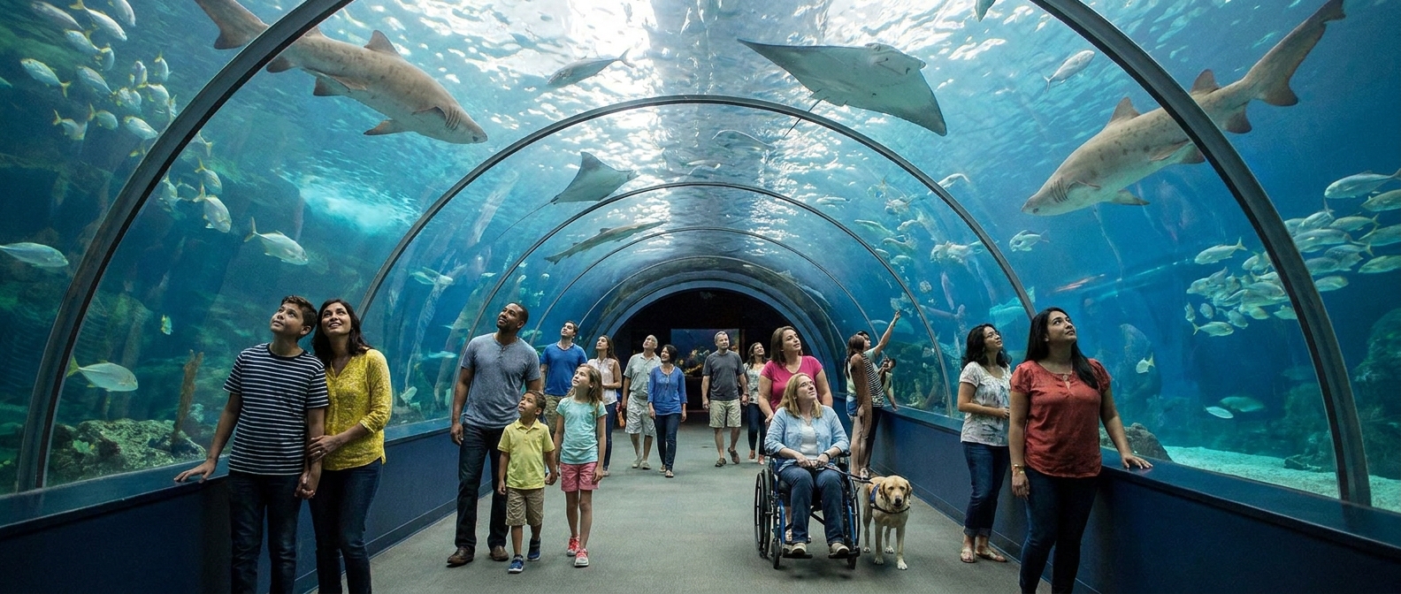 A wide aquarium tunnel with sharks and rays swimming overhead, and visitors moving through the tunnel including a wheelchair user with plenty of space