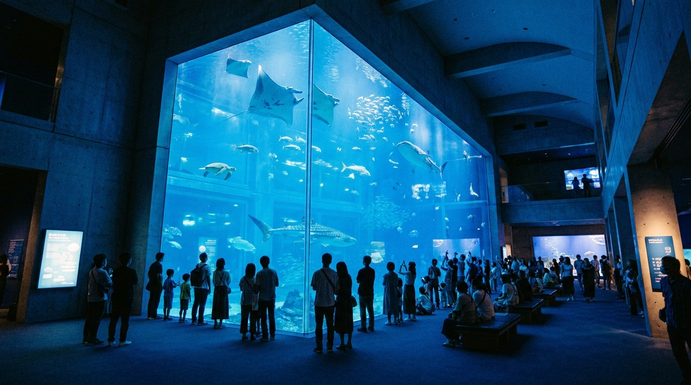 A wide indoor aquarium viewing area with a large tank, dim blue lighting, and visitors watching marine animals through tall glass panels